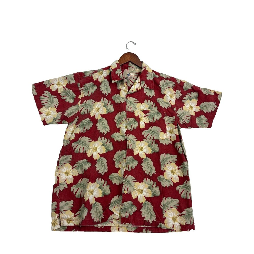 Cherokee Waikiki Wear Hawaiian Shirt Mens L Red Hibiscus Floral Aloha Cotton